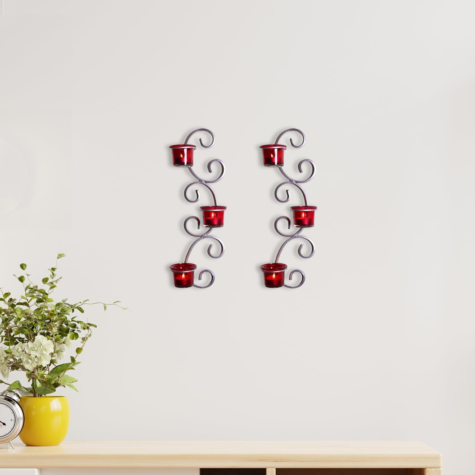 Hosley Metal White and Red Glass Tealight Candle Holders| Wall Sconce Candle Holders| Hanging Wall Mounted Holders| Perfect for Home Decor| Pack of 2(12 Cup), with Pack of 12 Tealights(Silver)