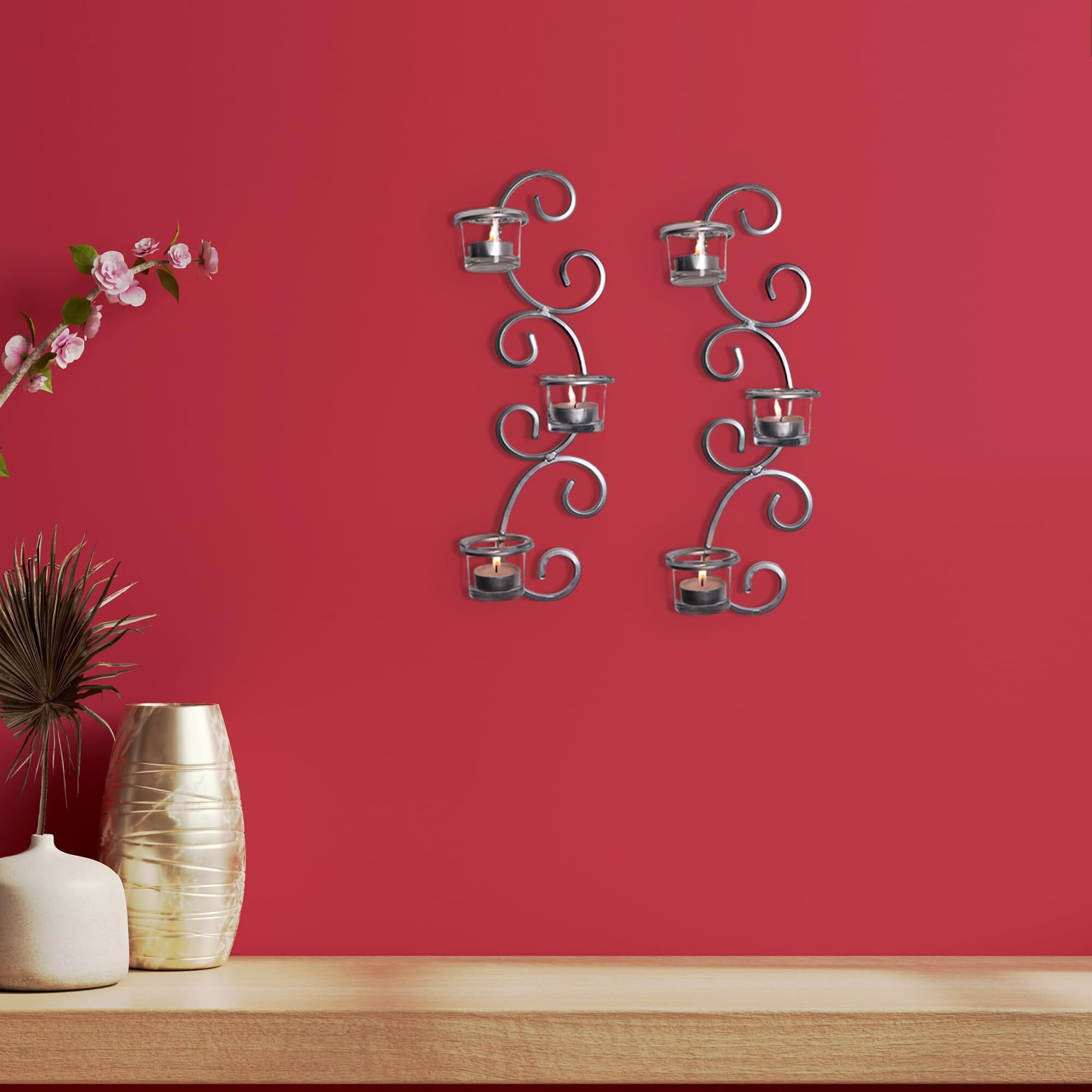 Hosley Metal White and Red Glass Tealight Candle Holders| Wall Sconce Candle Holders| Hanging Wall Mounted Holders| Perfect for Home Decor| Pack of 2(12 Cup), with Pack of 12 Tealights(Silver)