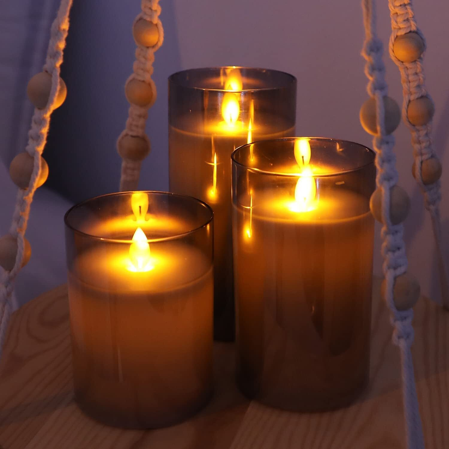 LTETTES Real Wax LED Glass Pillar Flameless Candles | Faux Dancing Wick | Tinted Grey Glass | Battery Powered with Multifunctional Remote Controller for Home Decor | Set of 3 (H-4,5,6 x D-3)
