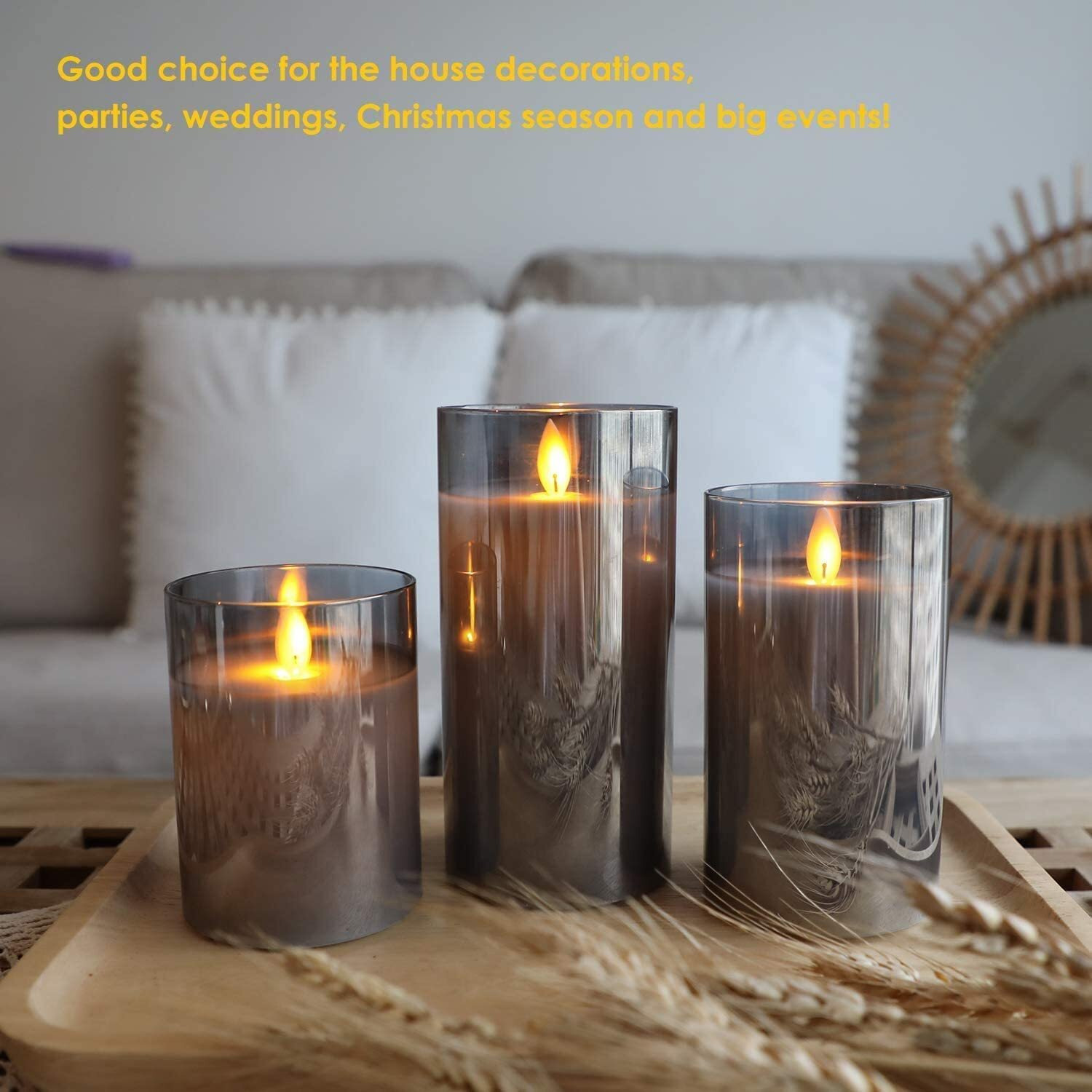 LTETTES Real Wax LED Glass Pillar Flameless Candles | Faux Dancing Wick | Tinted Grey Glass | Battery Powered with Multifunctional Remote Controller for Home Decor | Set of 3 (H-4,5,6 x D-3)