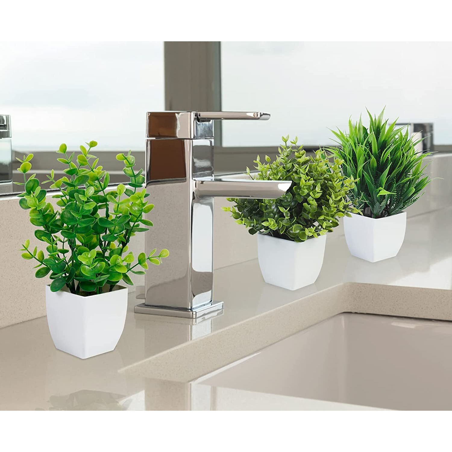 Dekorly Artificial Potted Plants, 3 Pack Artificial Plastic Eucalyptus Plants Small Indoor Potted Houseplants, Small Faux Plants For Home Decor Bathroom Office Farmhouse (Set 0F 3), White