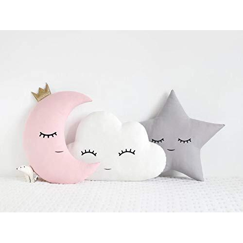 The Purple Tree Cute Cloud Moon Star Cot Cushion (Pack of 3, 16x16 inch, Velvet) Kids Cushion, Soft Toy, Soft Plush Pillow, cot Cushion, Nursery decor, Baby Cushion, Pink and Grey