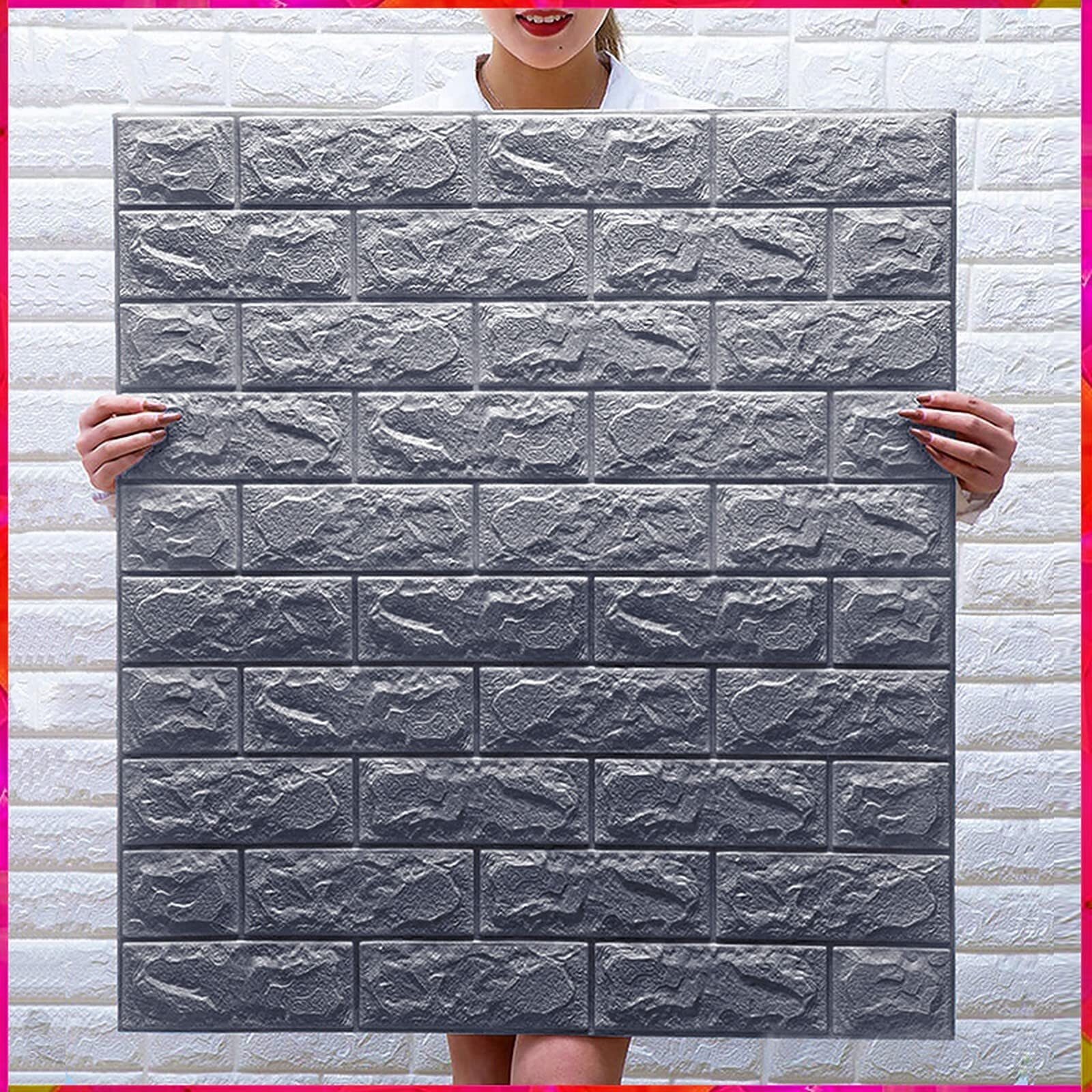Wolpin 3D Grey Brick Wallpaper for Wall PE Foam Wall Stickers Self Adhesive DIY Wall Decor (70 x 77cm, Appx. 5.8Sq Feet) Silver Grey
