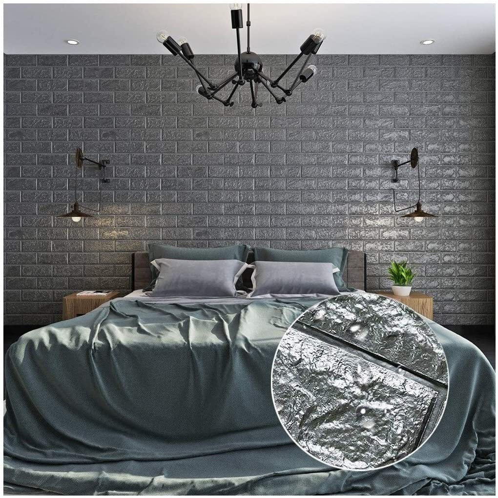 Wolpin 3D Grey Brick Wallpaper for Wall PE Foam Wall Stickers Self Adhesive DIY Wall Decor (70 x 77cm, Appx. 5.8Sq Feet) Silver Grey