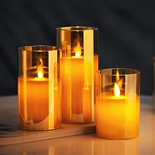 LTETTES Real Wax LED Glass Pillar Flameless Candles | Faux Dancing Wick | Amber Gold Glass | Battery Powered with Multifunctional Remote Controller for Home Decor | Set of 3 (H-4,5,6 x D-3)