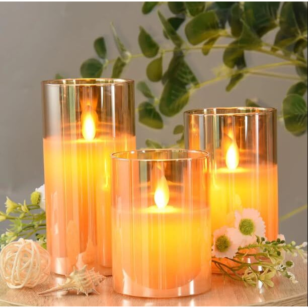 LTETTES Real Wax LED Glass Pillar Flameless Candles | Faux Dancing Wick | Amber Gold Glass | Battery Powered with Multifunctional Remote Controller for Home Decor | Set of 3 (H-4,5,6 x D-3)