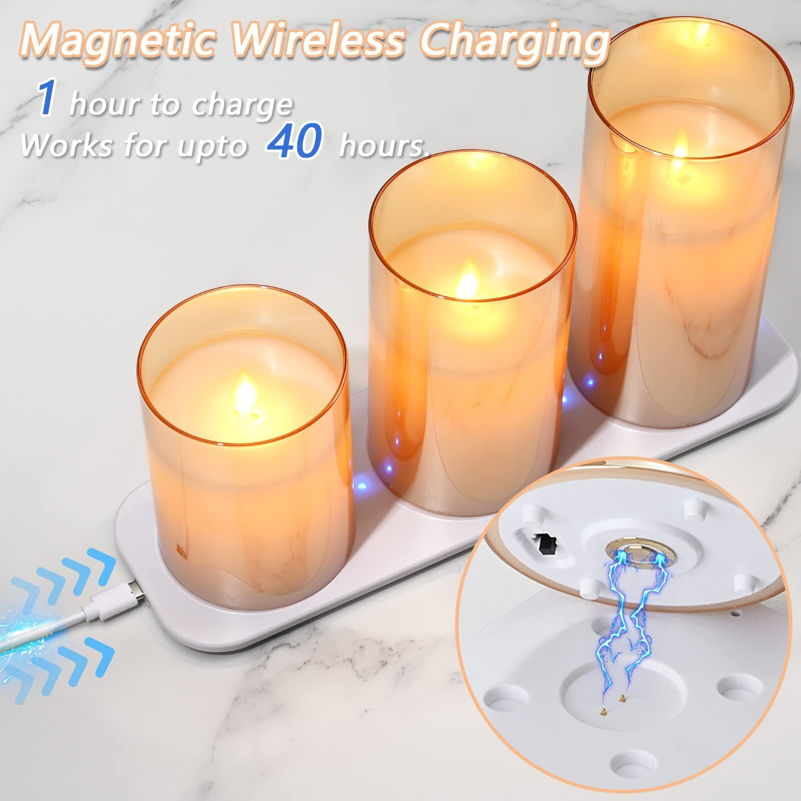 LTETTES Rechargeable LED Glass Pillar Flameless Candles | Made from Real Wax | Tinted Amber Glass | wth Remote Controller, USB Type C Wireless Charding Pad for Home Decor Set of 3 (H-4,5,6 x D-3)