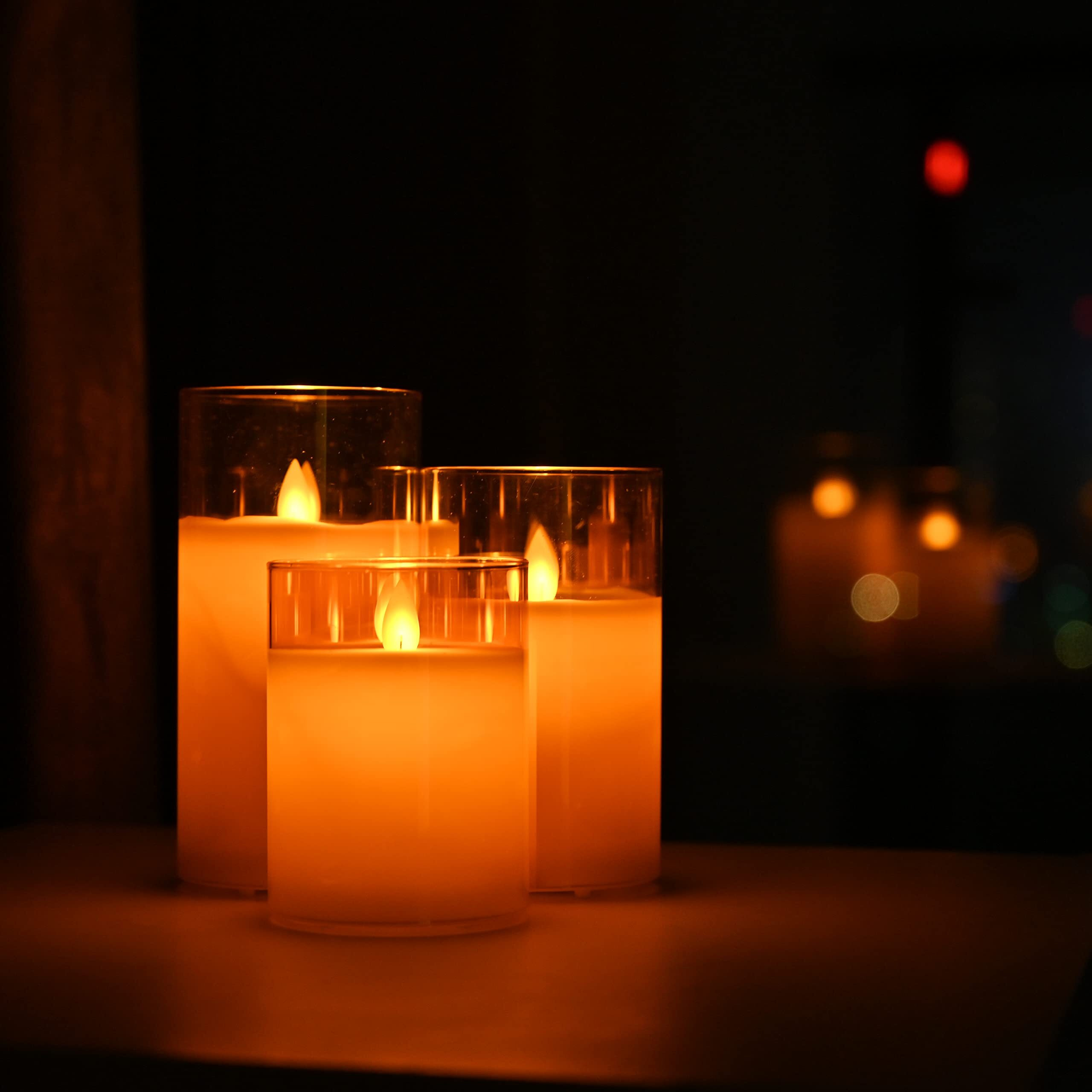 LTETTES Rechargeable LED Glass Pillar Flameless Candles | Made from Real Wax | Tinted Amber Glass | wth Remote Controller, USB Type C Wireless Charding Pad for Home Decor Set of 3 (H-4,5,6 x D-3)