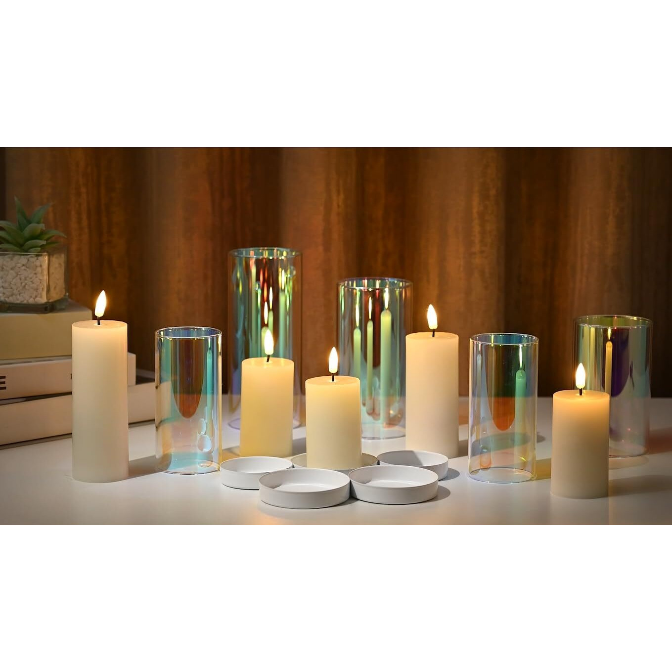 LTETTES Set of 5 Real Wax with Iridescence Effect Removable Glass Shell Faux Wick Flameless Candles Battery Operated LED Candles for Home Decor, Diwali, Gifting, Wedding [BATTERY INCLUDED]