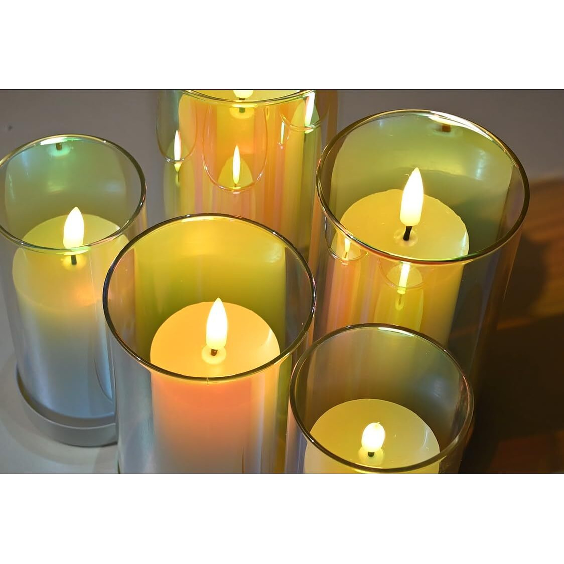LTETTES Set of 5 Real Wax with Iridescence Effect Removable Glass Shell Faux Wick Flameless Candles Battery Operated LED Candles for Home Decor, Diwali, Gifting, Wedding [BATTERY INCLUDED]