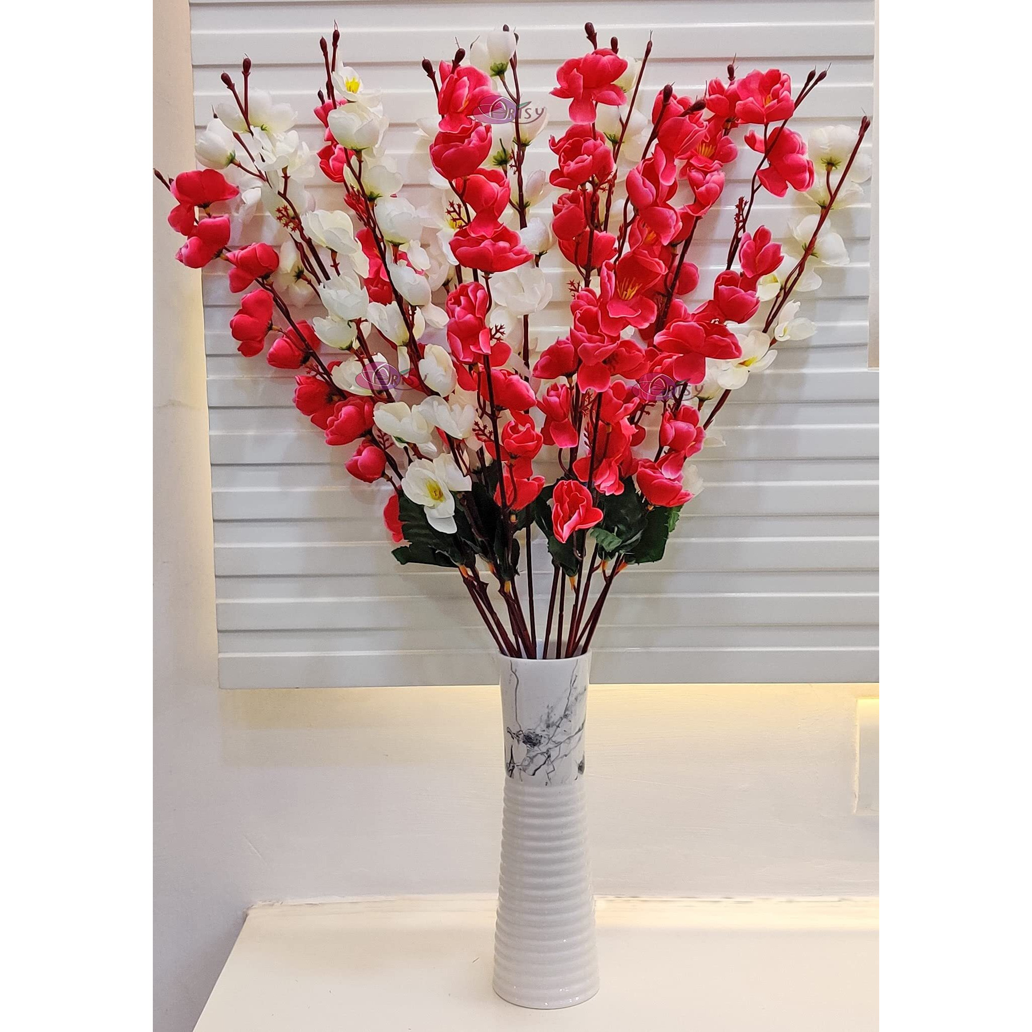 ARTSY Artificial Flowers for Decoration Cherry Blossom Flower Bunch for vase, Home Decor, Office decor, artificial plant, gift, craft, without vase, Combo, pack of 2 Pieces, White pink 55 cm height