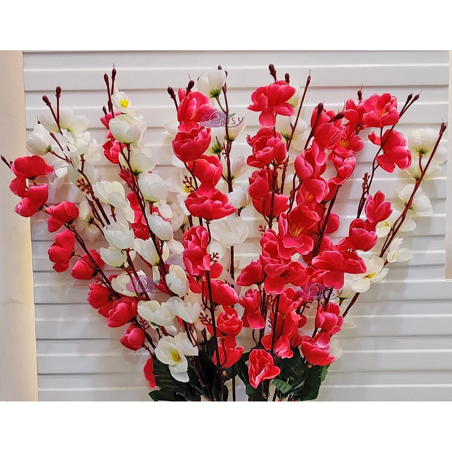 ARTSY Artificial Flowers for Decoration Cherry Blossom Flower Bunch for vase, Home Decor, Office decor, artificial plant, gift, craft, without vase, Combo, pack of 2 Pieces, White pink 55 cm height