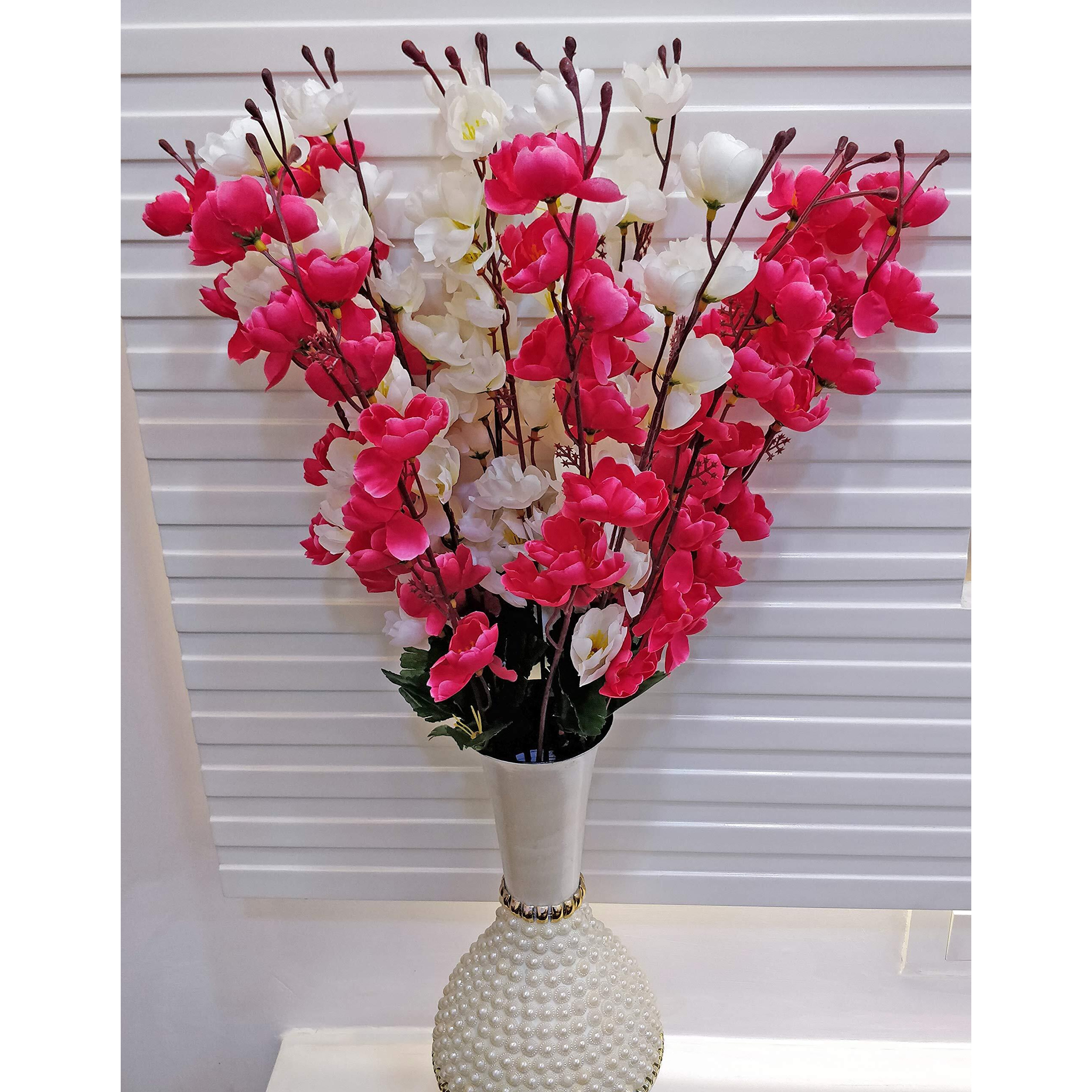 ARTSY Artificial Flowers for Decoration Cherry Blossom Flower Bunch for vase, Home Decor, Office decor, artificial plant, gift, craft, without vase, Combo, pack of 2 Pieces, White pink 55 cm height