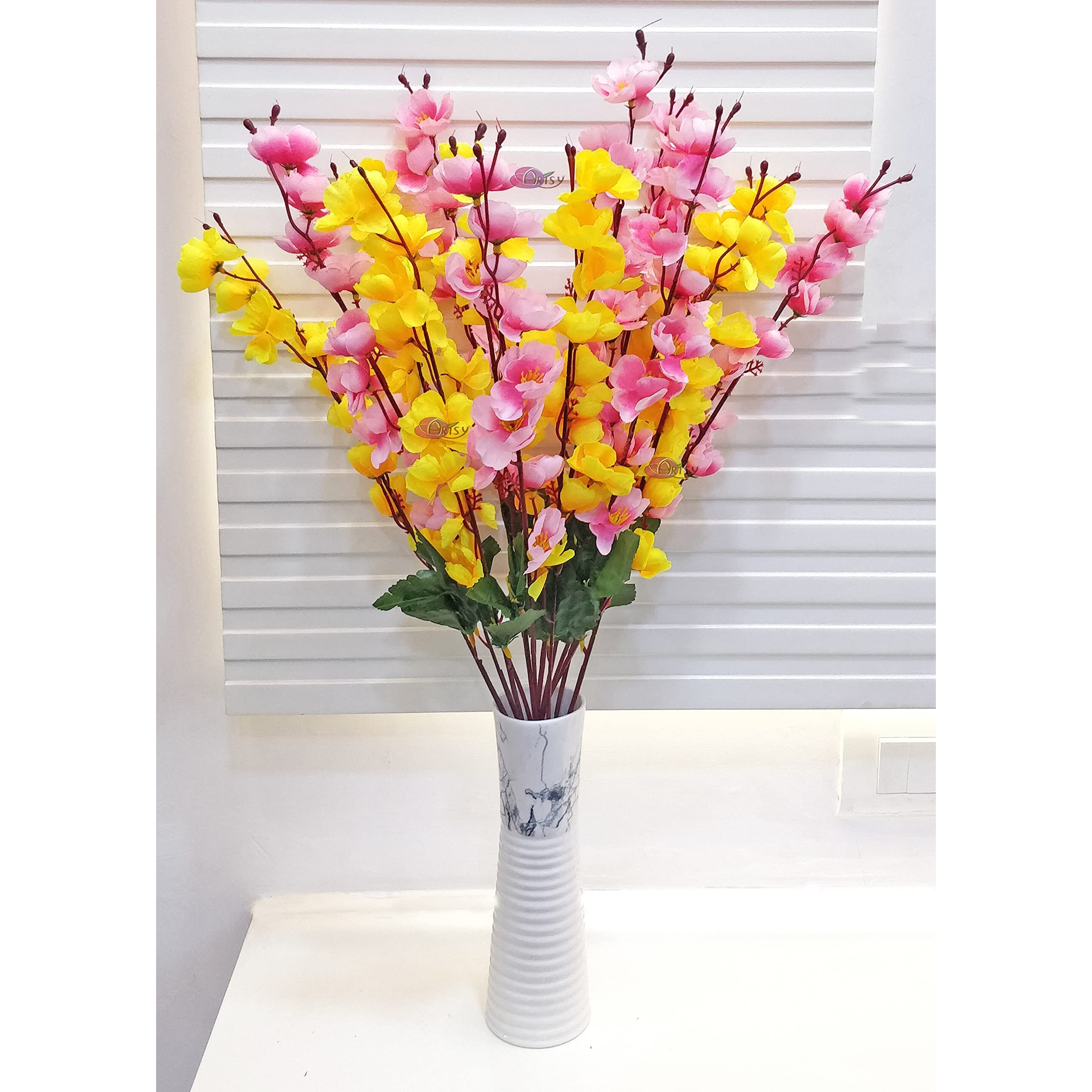 ARTSY Artificial Flowers for Decoration Cherry Blossom Flower Bunch for vase, Home Decor, artificial plant, gift, craft, without vase, Combo, pack of 2 Pieces, Yellow babypink 55 cm height