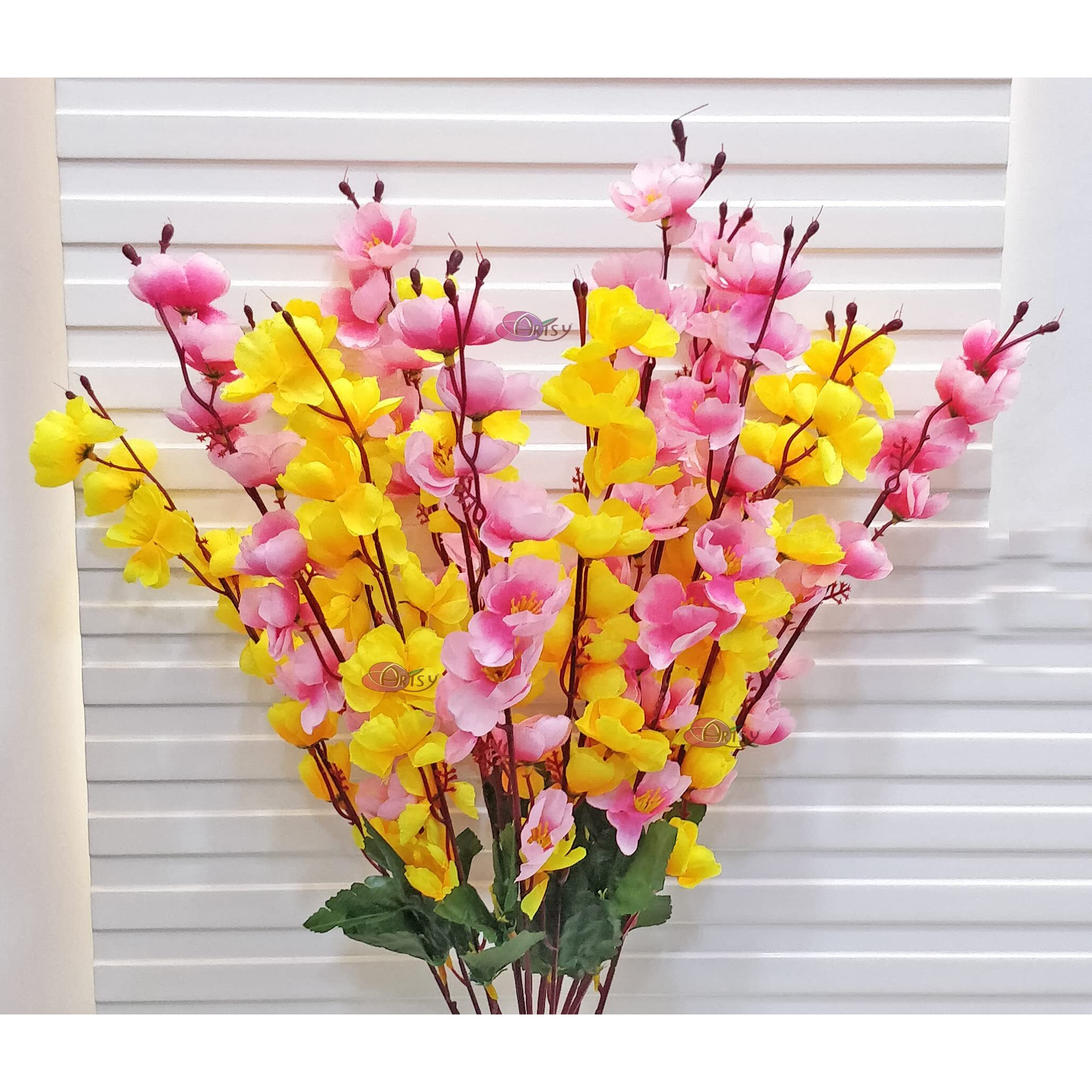ARTSY Artificial Flowers for Decoration Cherry Blossom Flower Bunch for vase, Home Decor, artificial plant, gift, craft, without vase, Combo, pack of 2 Pieces, Yellow babypink 55 cm height