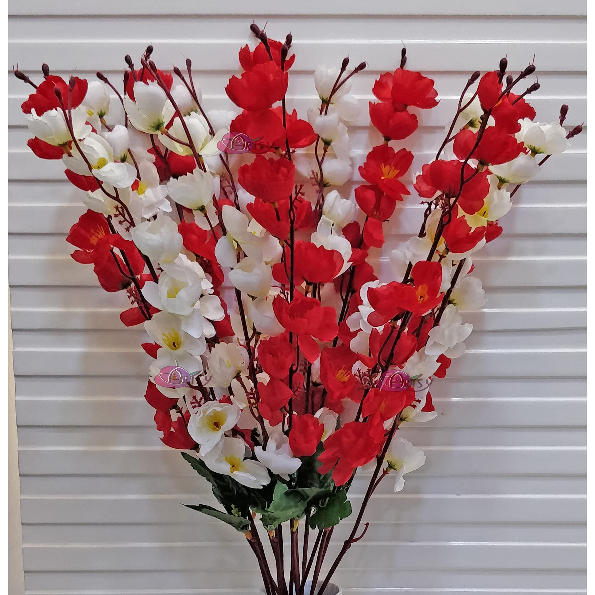 ARTSY Artificial Flowers for Decoration Cherry Blossom Flower Bunch for vase, Home Decor, Office Decor, Artificial Plant, Gift, Craft, Without vase, Combo, Pack of 2 Pieces, White Red 55 cm Height