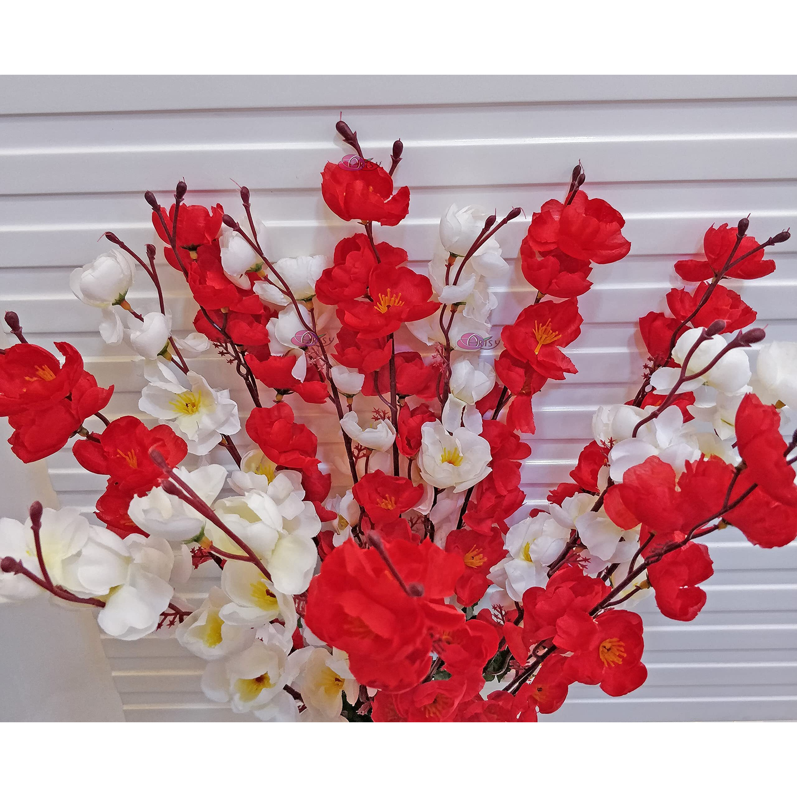 ARTSY Artificial Flowers for Decoration Cherry Blossom Flower Bunch for vase, Home Decor, Office Decor, Artificial Plant, Gift, Craft, Without vase, Combo, Pack of 2 Pieces, White Red 55 cm Height