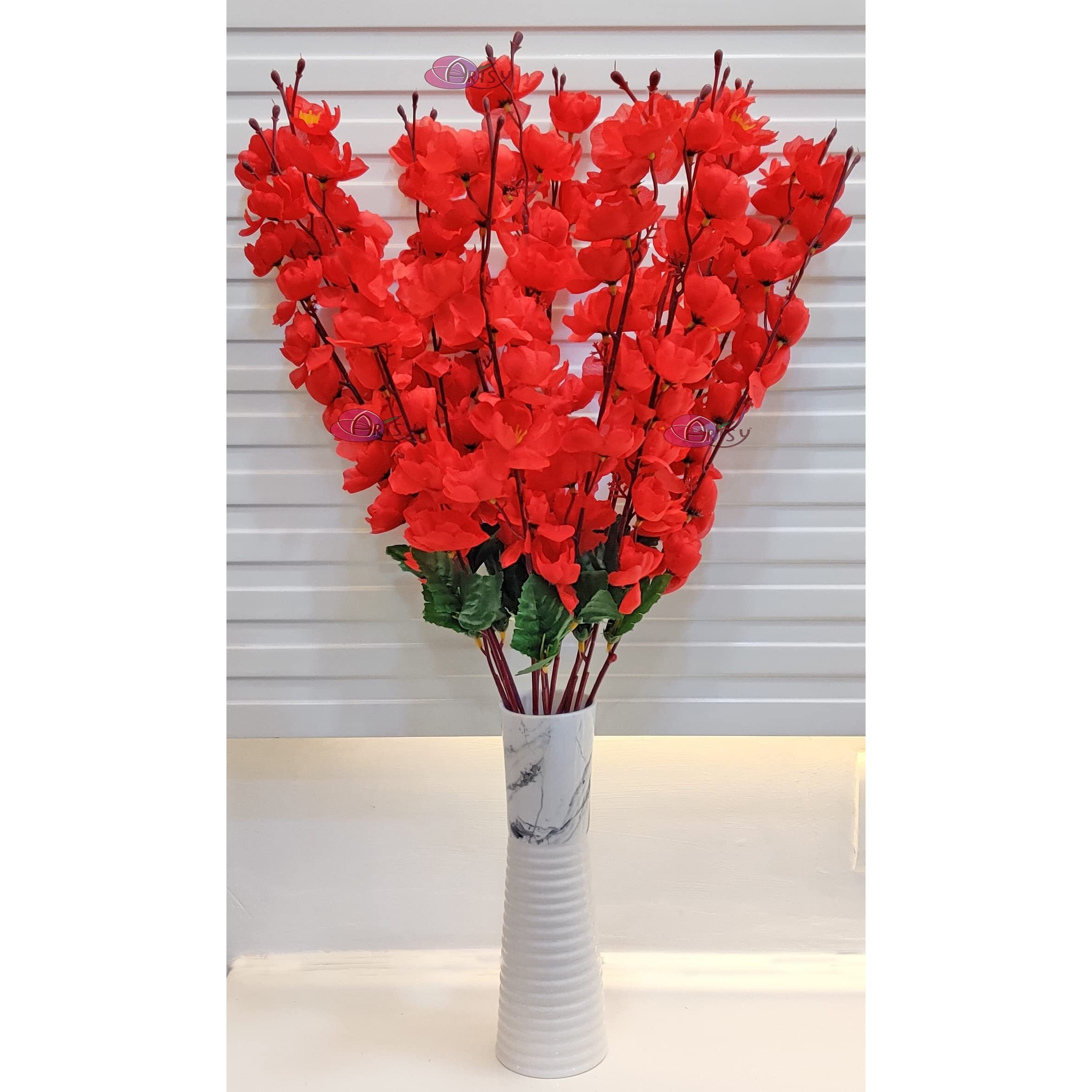 ARTSY Artificial Flowers for Decoration Cherry Blossom Flower Bunch for vase, Home Decor, Office Decor, Artificial Plant, Gift, Craft, Without vase, Combo, Pack of 2 Pieces, Red 55 cm Height