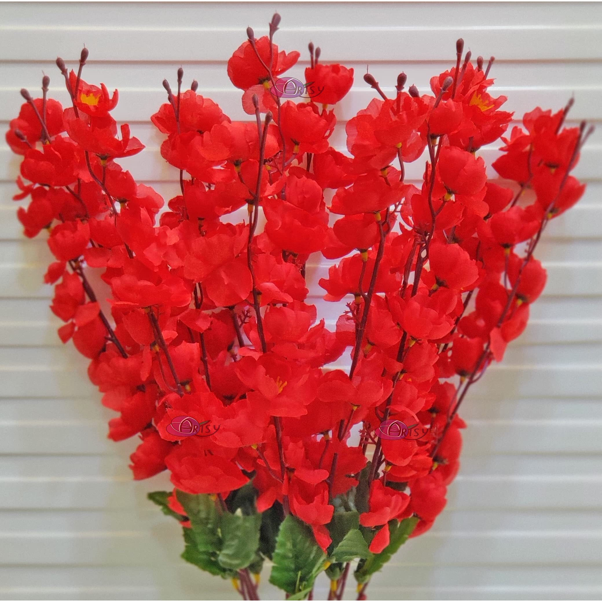 ARTSY Artificial Flowers for Decoration Cherry Blossom Flower Bunch for vase, Home Decor, Office Decor, Artificial Plant, Gift, Craft, Without vase, Combo, Pack of 2 Pieces, Red 55 cm Height