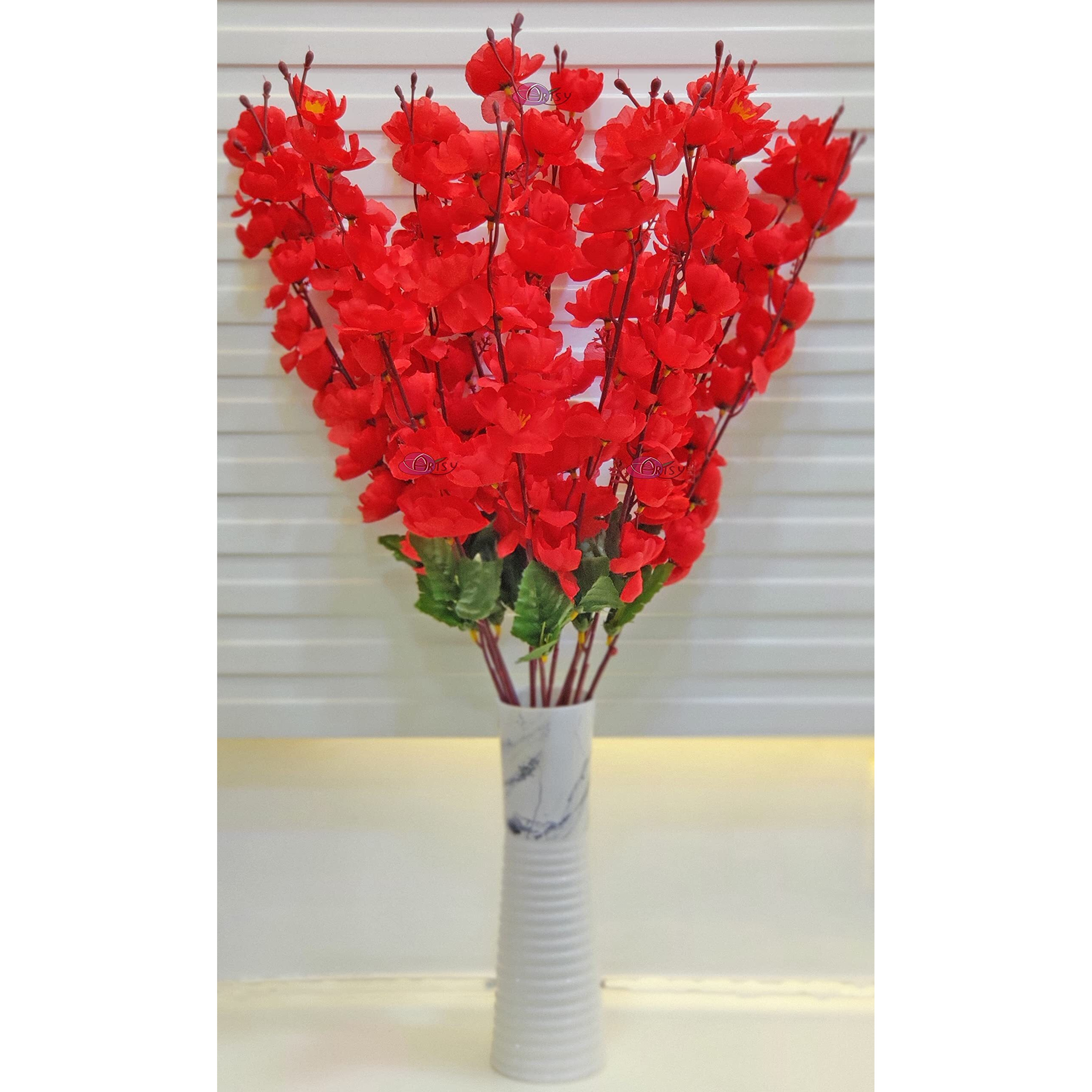 ARTSY Artificial Flowers for Decoration Cherry Blossom Flower Bunch for vase, Home Decor, Office Decor, Artificial Plant, Gift, Craft, Without vase, Combo, Pack of 2 Pieces, Red 55 cm Height