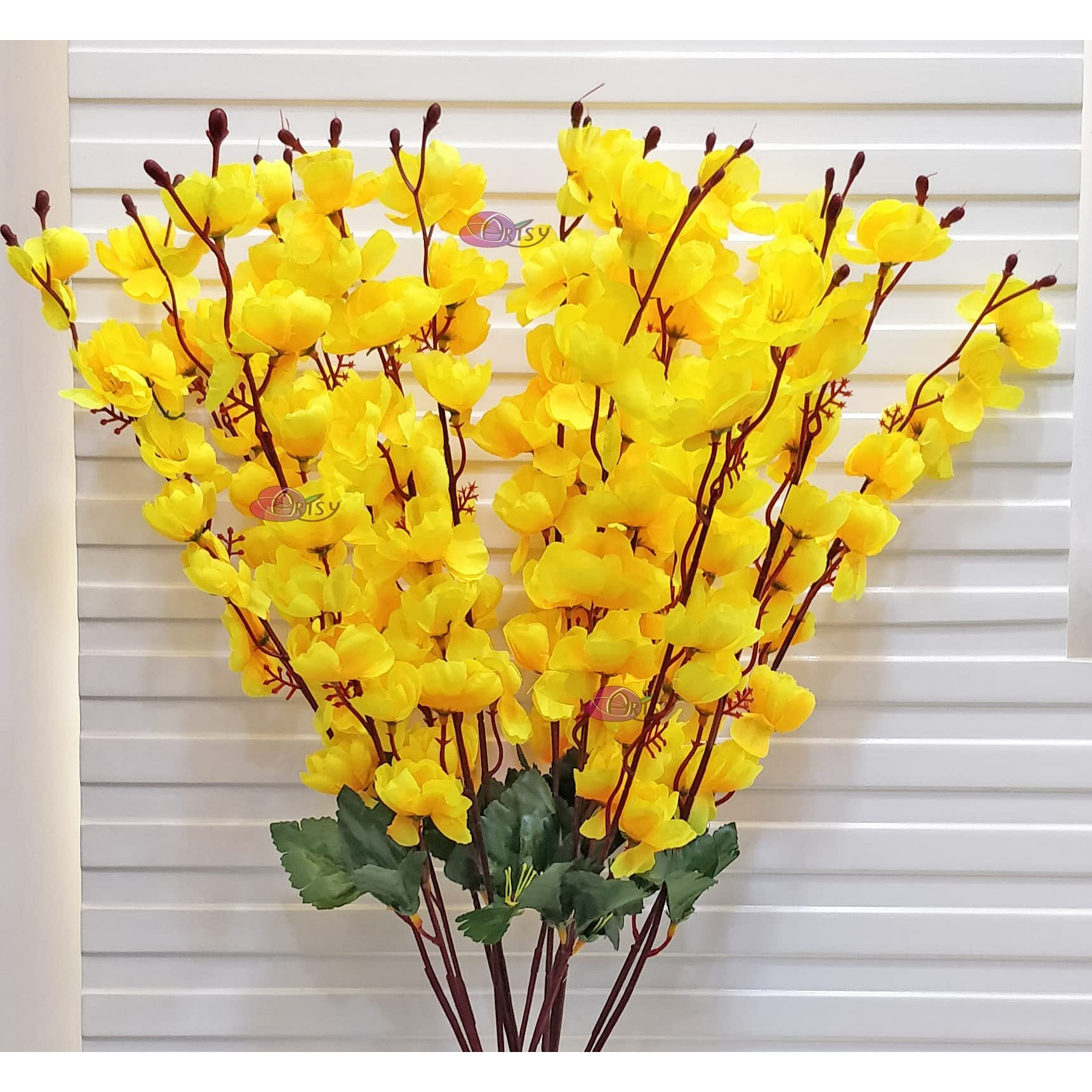 ARTSY Artificial Flowers for Decoration Cherry Blossom Flower Bunch for vase, Home Decor, Office decor, artificial plant, gift, craft, without vase, Combo, pack of 2 Pieces, Yellow 55 cm height
