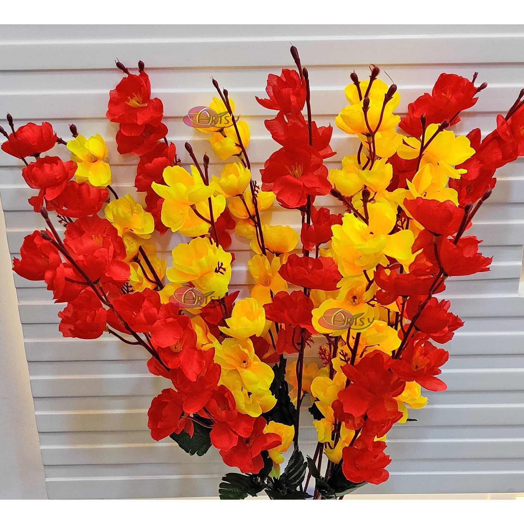 ARTSY Artificial Flowers for Decoration Cherry Blossom Flower Bunch for vase, Home Decor, Office decor, artificial plant, gift, craft, without vase, Combo, pack of 2 Pieces, Yellow Red 55 cm height