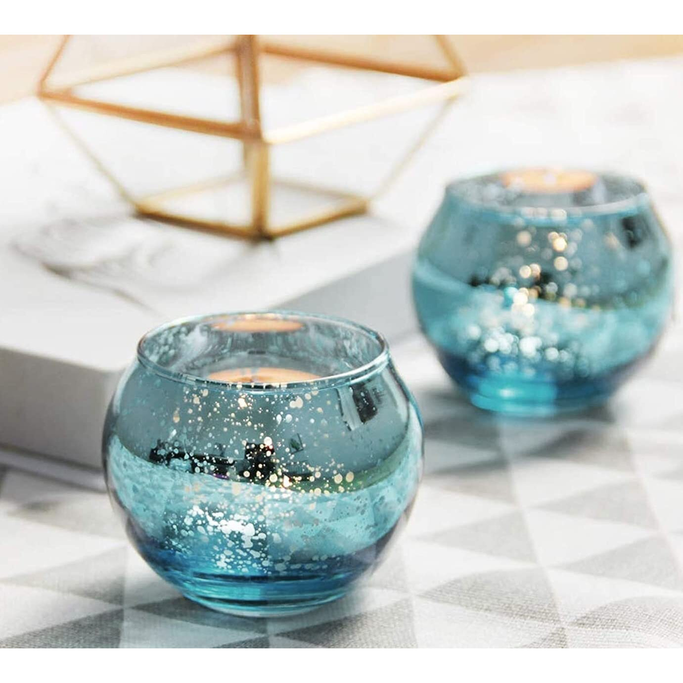 The Purple Tree Mercury Glass Mosaic Tealight Candle Holders for Diwali Christmas (Pack of 2, Blue), Diwali Tealights, Corporate Gifts, Home Decor Gift Item, Diwali Candle Decoration,
