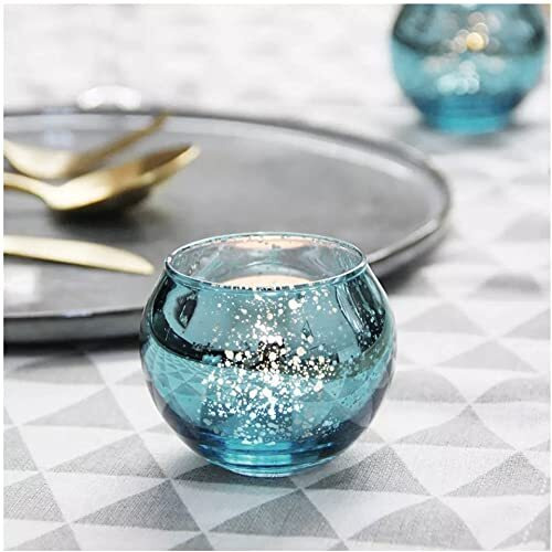 The Purple Tree Mercury Glass Mosaic Tealight Candle Holders for Diwali Christmas (Pack of 2, Blue), Diwali Tealights, Corporate Gifts, Home Decor Gift Item, Diwali Candle Decoration,