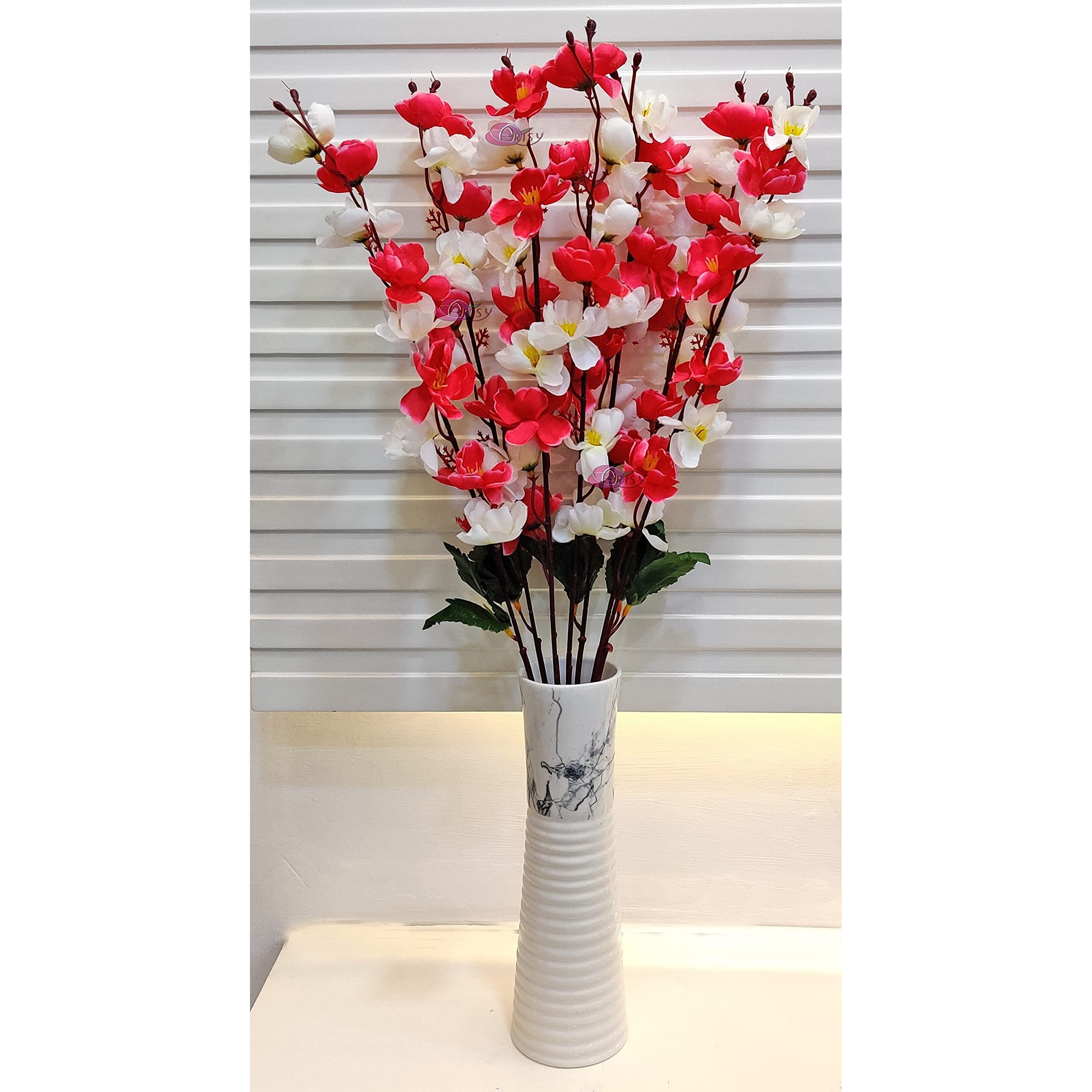 ARTSY Artificial Flowers for Decoration Cherry Blossom Flower Bunch for vase, Home Decor, Office decor, gift, craft, without vase (White, pink, 1 Piece), 55 cm height