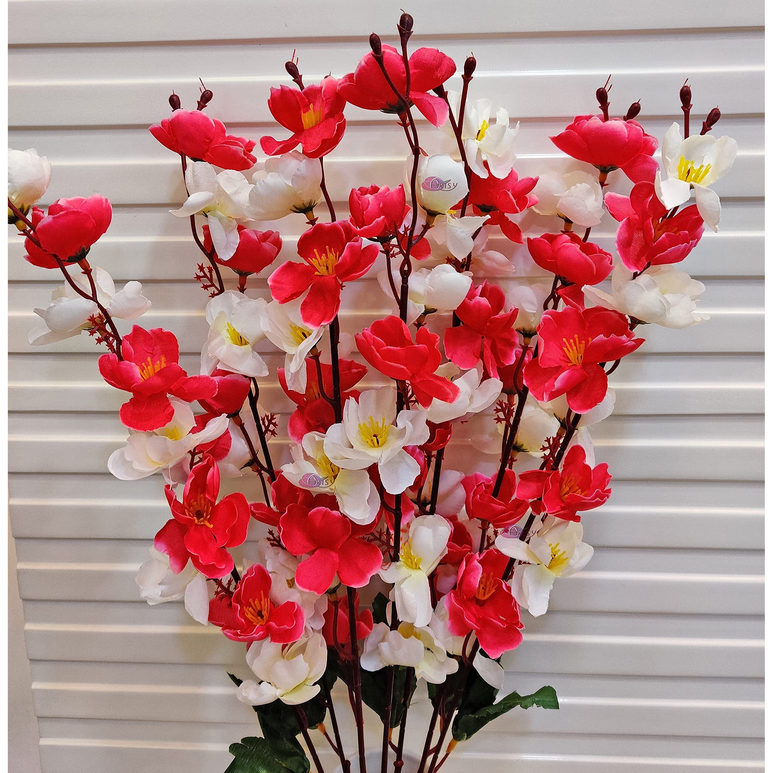ARTSY Artificial Flowers for Decoration Cherry Blossom Flower Bunch for vase, Home Decor, Office decor, gift, craft, without vase (White, pink, 1 Piece), 55 cm height