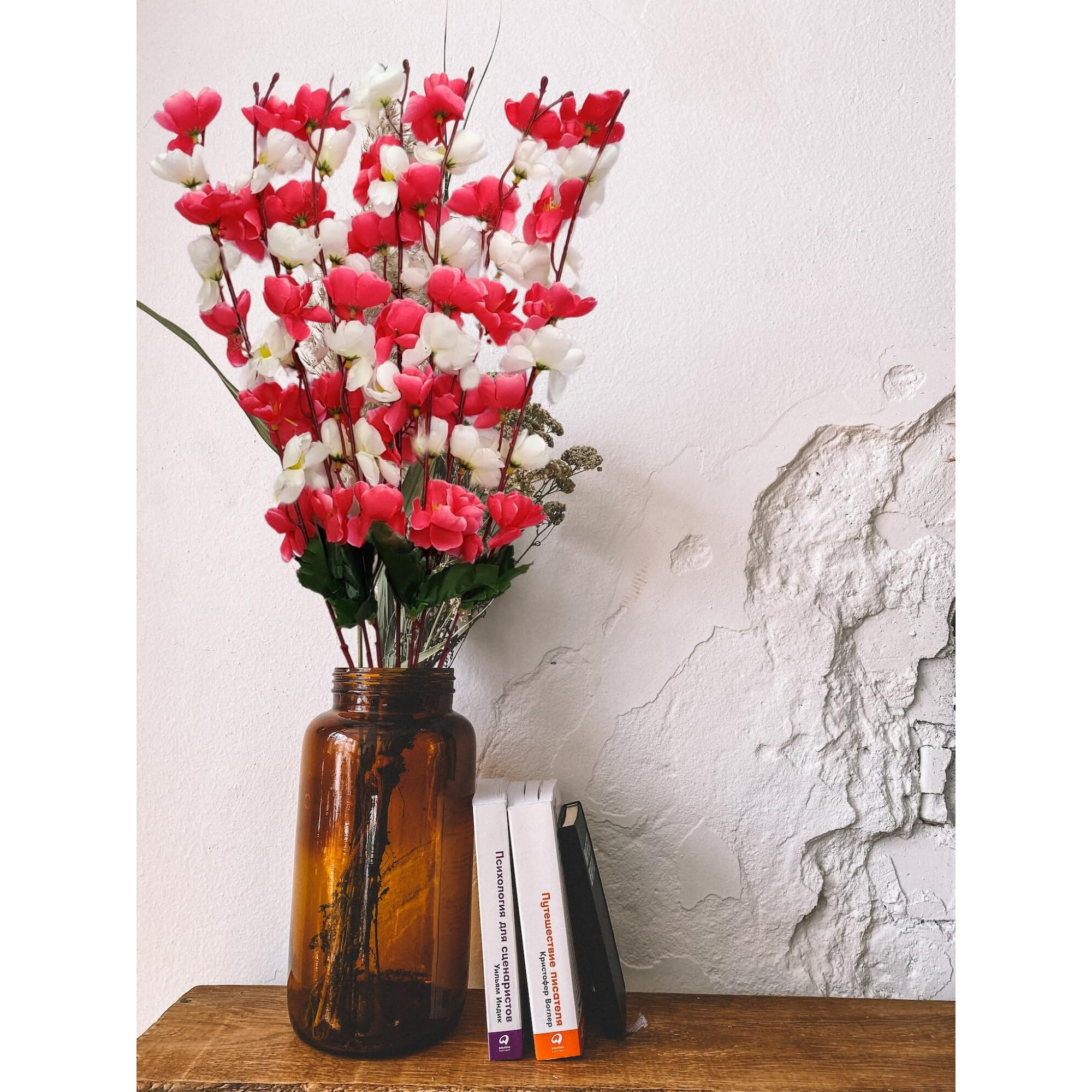 ARTSY Artificial Flowers for Decoration Cherry Blossom Flower Bunch for vase, Home Decor, Office decor, gift, craft, without vase (White, pink, 1 Piece), 55 cm height