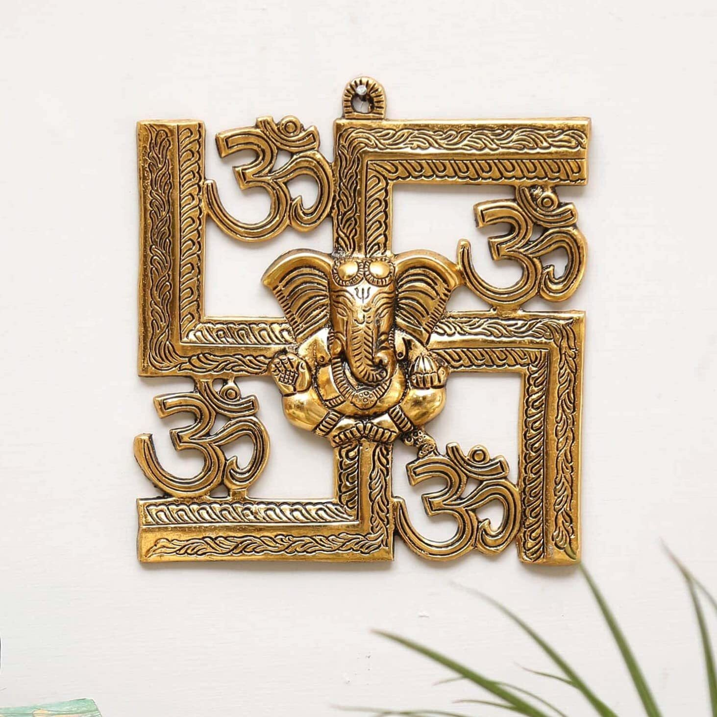 KridayKraft Ganesha Metal Statue,Ganpati Wall Hanging Sculpture,Metal Swastik Ganesha Murti Lucky For Home & Office , Gold