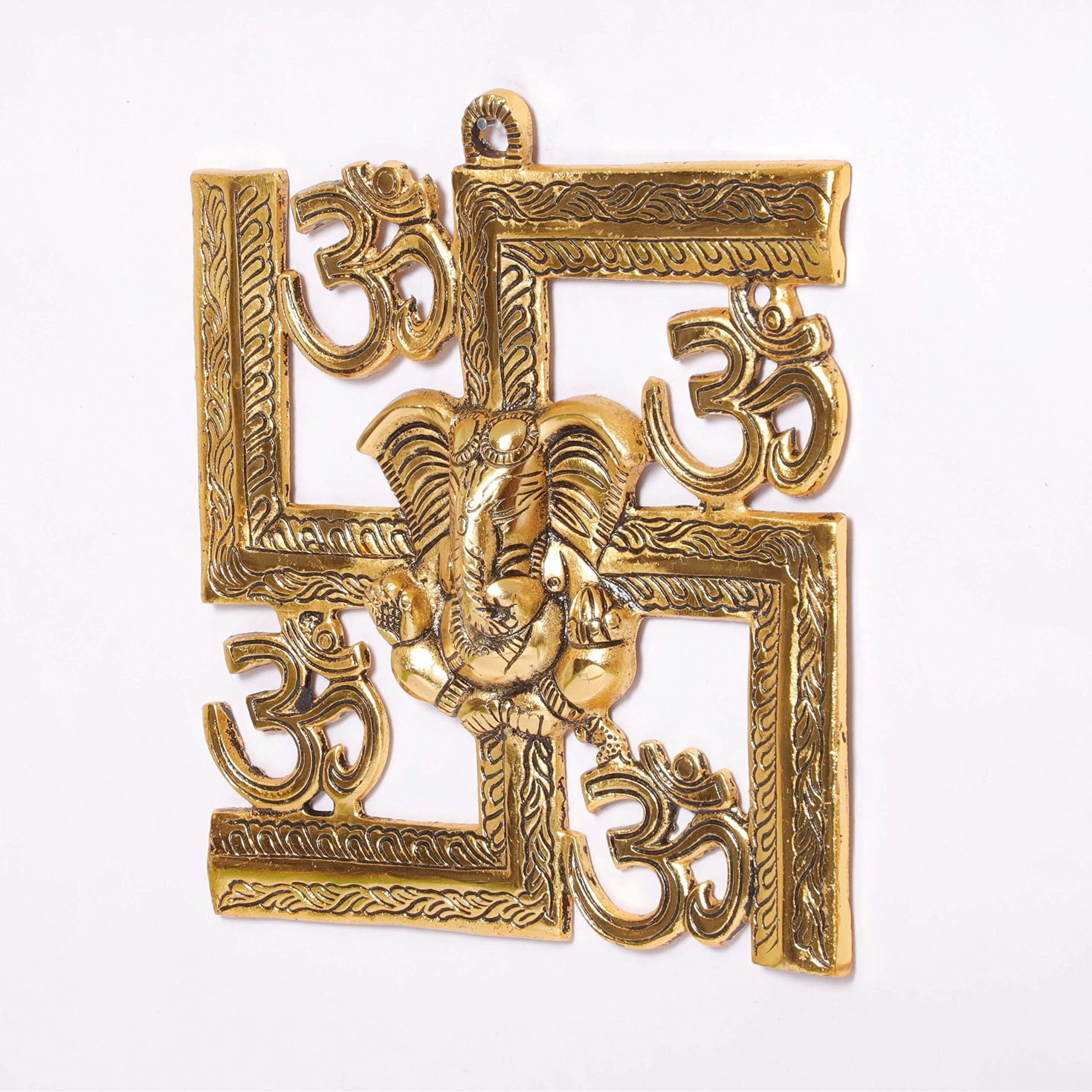 KridayKraft Ganesha Metal Statue,Ganpati Wall Hanging Sculpture,Metal Swastik Ganesha Murti Lucky For Home & Office , Gold