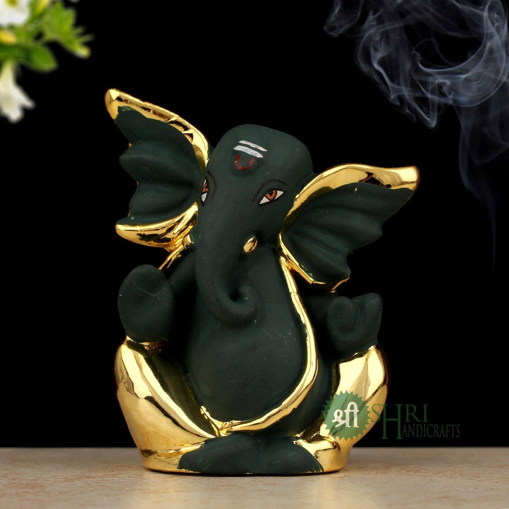 Shri Handicrafts God Ganpati Gold Plated Ganesha Idol for Car Dashoboard & Home Dcor(4x3x8cm, Black), Resin