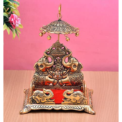Generic Nirmal Handicraft Gold Metal Handicraft Pooja Jhula | Swing| Palana | Singhasan|Nand Gopal Palana | Hindola For Ladoo Gopal, Laxmi Ji And Ganesh Ji - 8X10.2 Inch
