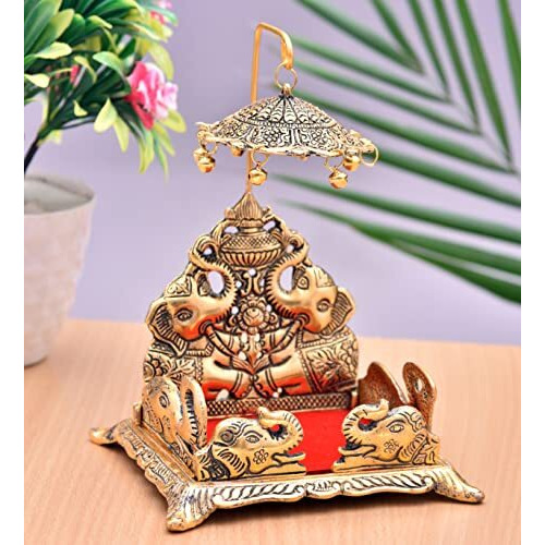 Generic Nirmal Handicraft Gold Metal Handicraft Pooja Jhula | Swing| Palana | Singhasan|Nand Gopal Palana | Hindola For Ladoo Gopal, Laxmi Ji And Ganesh Ji - 8X10.2 Inch