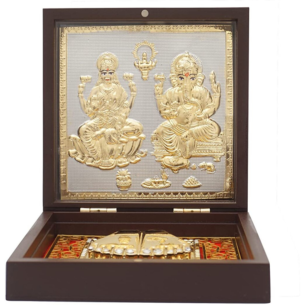 Idolkart Pure Gold Coated Ganesh Laxmi for Diwali Pooja Box - Premium Gold Laxmi Ganesh for Diwali Pooja Box - Auspicious Pocket Temple with Charan Paduka (4X4 inches)
