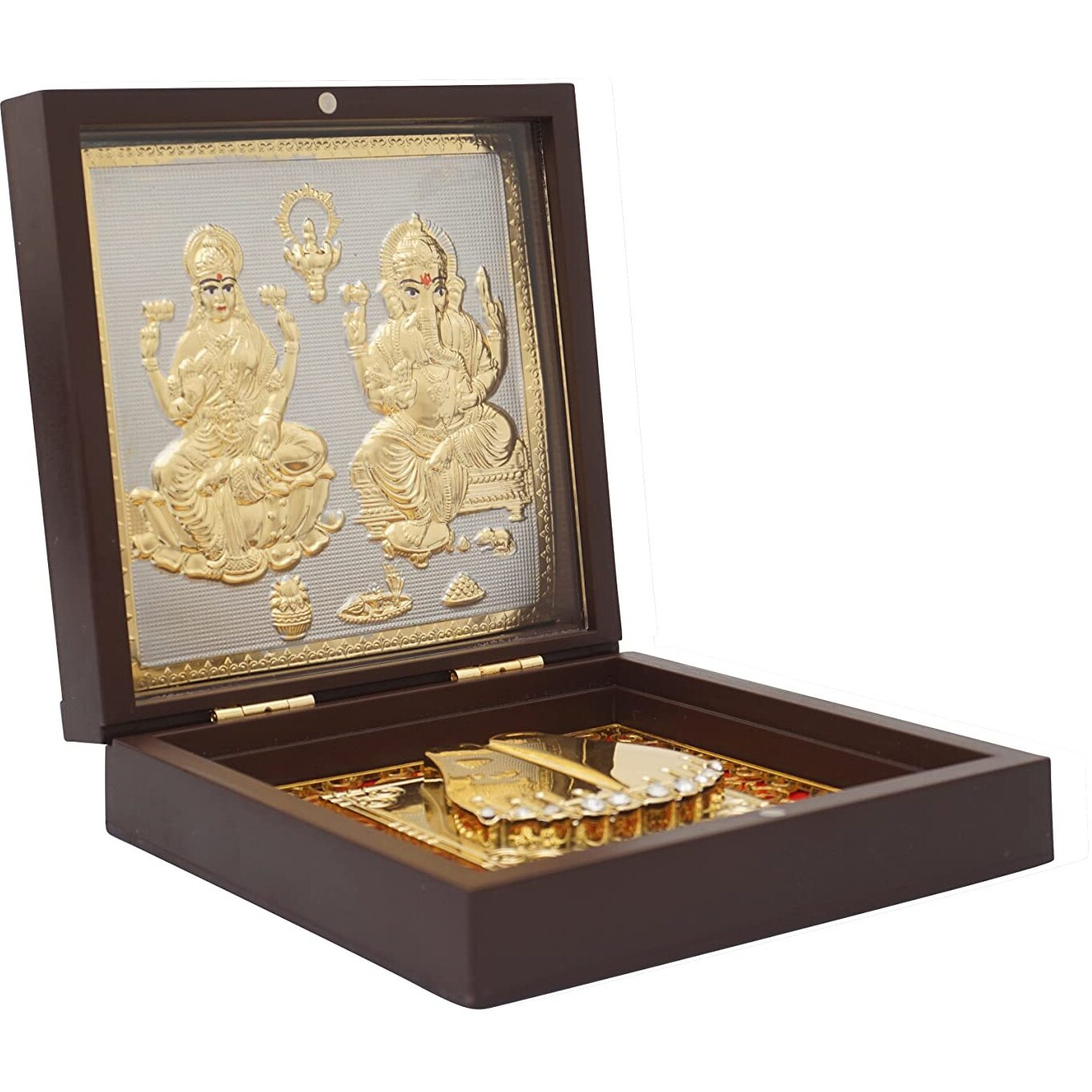 Idolkart Pure Gold Coated Ganesh Laxmi for Diwali Pooja Box - Premium Gold Laxmi Ganesh for Diwali Pooja Box - Auspicious Pocket Temple with Charan Paduka (4X4 inches)