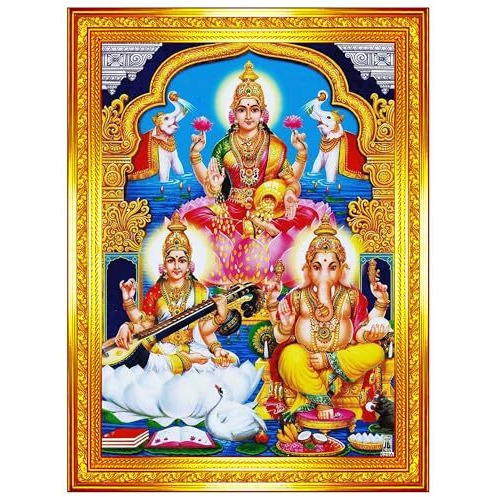 Pavan Photo Laminations Lakshmi Devi Ganesha Saraswati Ganesh Hanging Wall Painting Framed Home Decor (Wood,Matte,Gold,Big Size,10 x 12 Inch) R379M