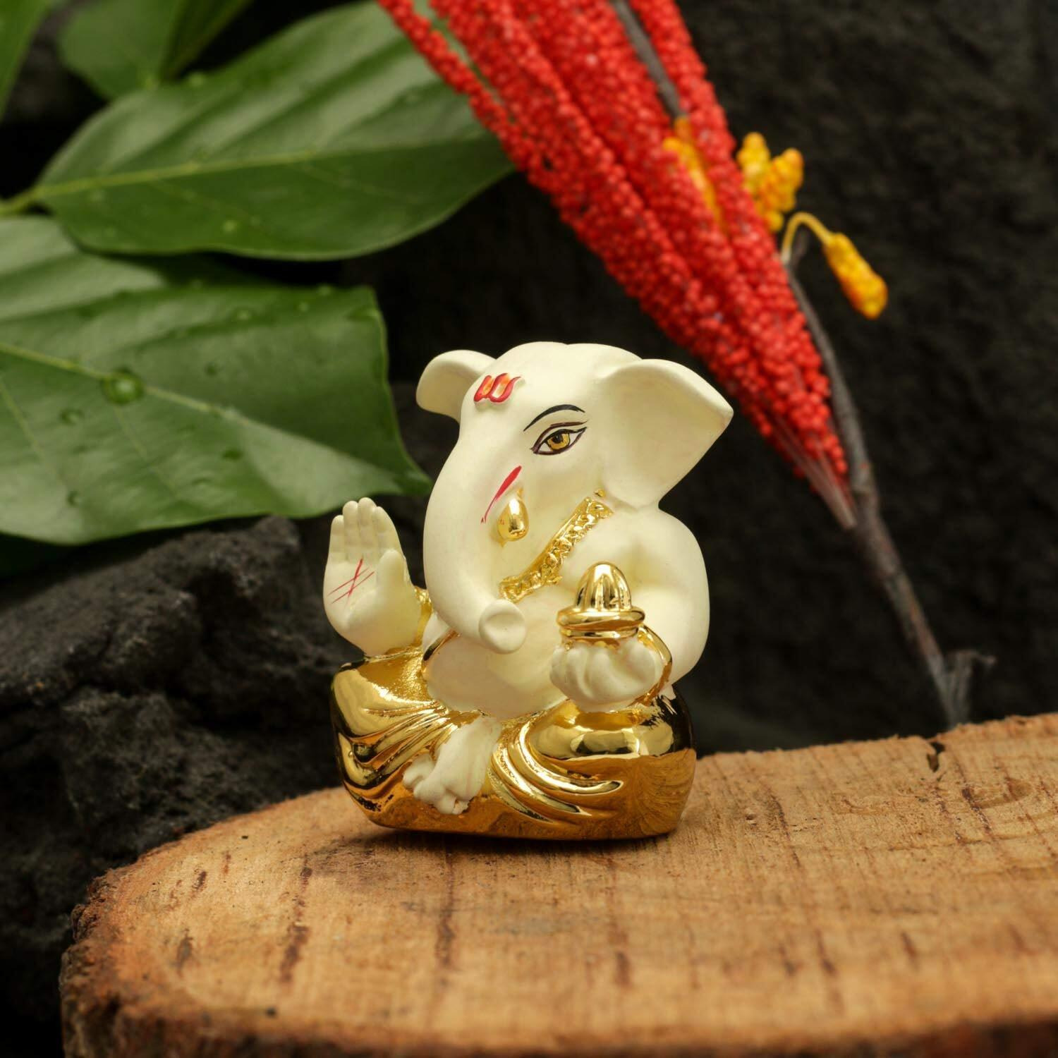 CraftVatika Ganesh Idol Murti for Car Dashboard Gift Gold Plated Ceramic Lord Ganesha Idols Showpiece for Home Pooja Room Mandir Puja Decor