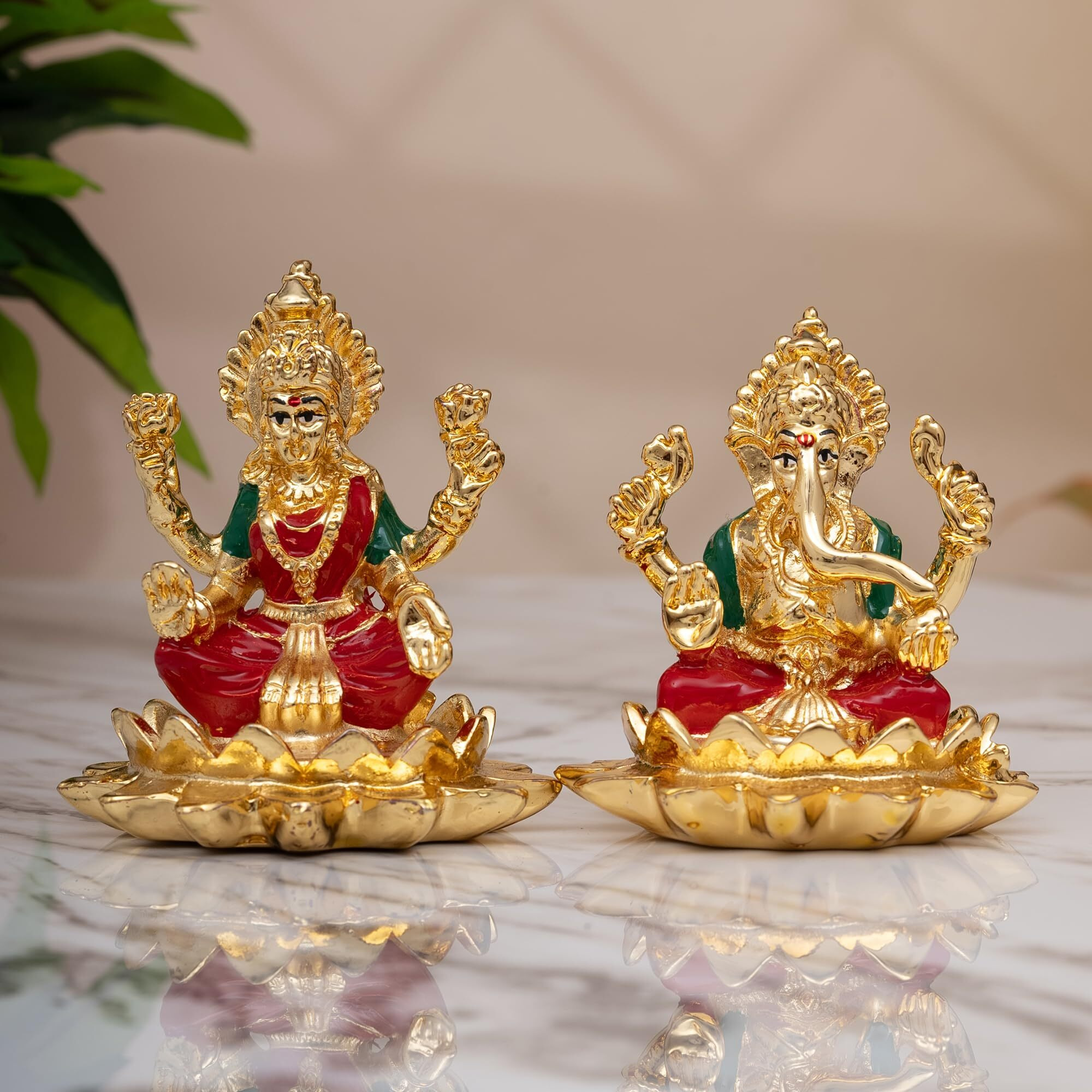 Idolkart Pure Gold Coated Ganesh Laxmi Murti Sitting on Lotus - Premium Gold Laxmi Ganesh Murti for Pooja - 3 Inch