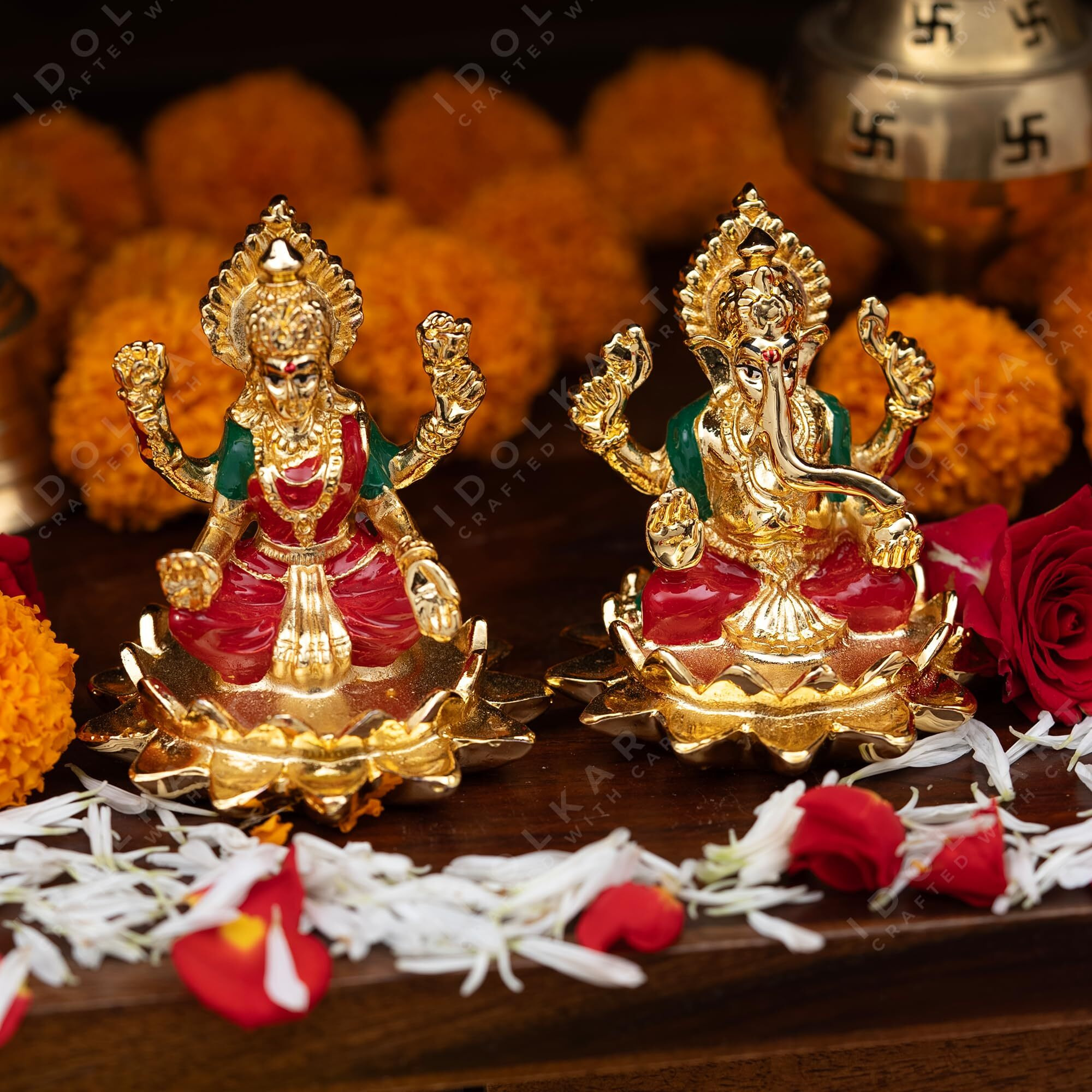 Idolkart Pure Gold Coated Ganesh Laxmi Murti Sitting on Lotus - Premium Gold Laxmi Ganesh Murti for Pooja - 3 Inch
