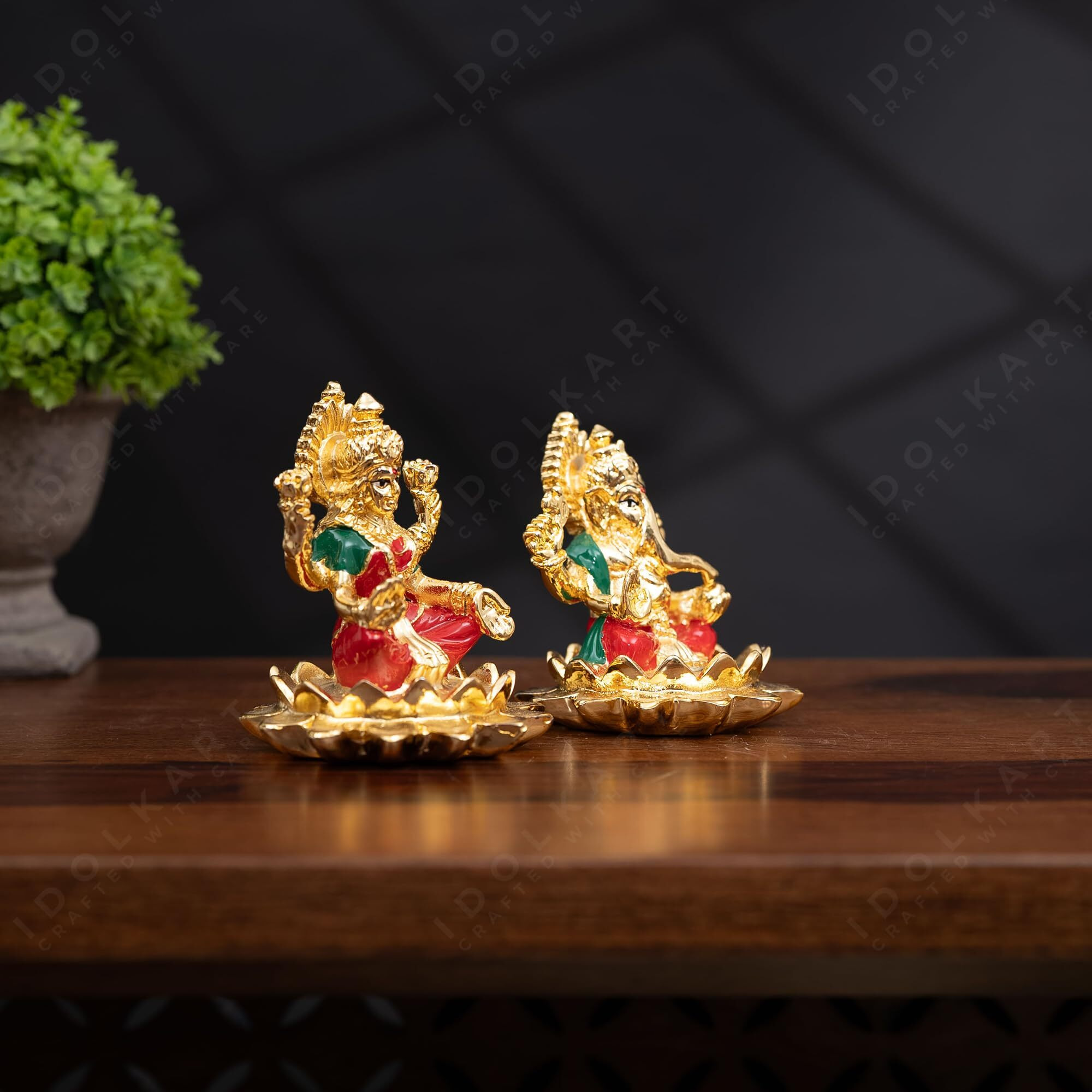 Idolkart Pure Gold Coated Ganesh Laxmi Murti Sitting on Lotus - Premium Gold Laxmi Ganesh Murti for Pooja - 3 Inch