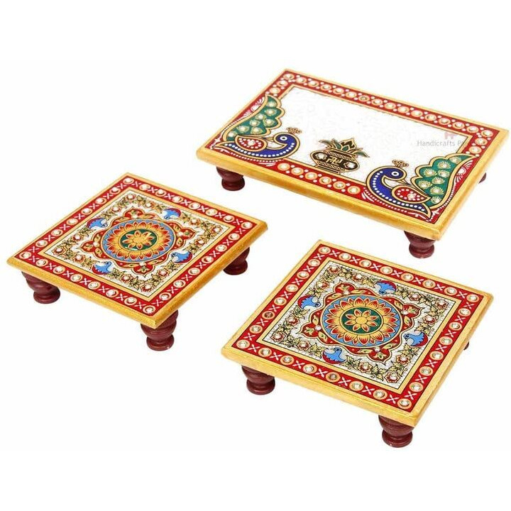 HOUSEHOLD HUB Marble Floral Designed Rectangle Shape Pooja Mini Chowki for God Idol Puja Home Mandir, Idols Sitting, Pratima Murti (Pack of 3) Includes Ganesh Ji Idol