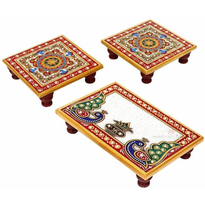 HOUSEHOLD HUB Marble Floral Designed Rectangle Shape Pooja Mini Chowki for God Idol Puja Home Mandir, Idols Sitting, Pratima Murti (Pack of 3) Includes Ganesh Ji Idol
