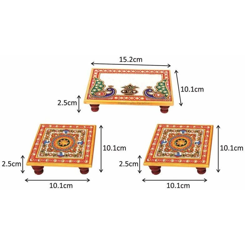 HOUSEHOLD HUB Marble Floral Designed Rectangle Shape Pooja Mini Chowki for God Idol Puja Home Mandir, Idols Sitting, Pratima Murti (Pack of 3) Includes Ganesh Ji Idol