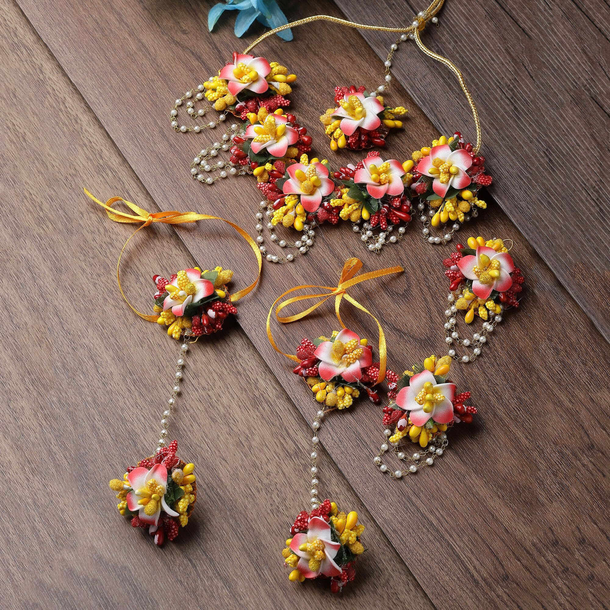 ZENEME White Pearl Beaded Gota Patti Floral Beaded Haldi & Mehendi Necklace With Earrings, Maang Tikka & Bracelet Jewellery Set For Girls and Women (Multicolour)