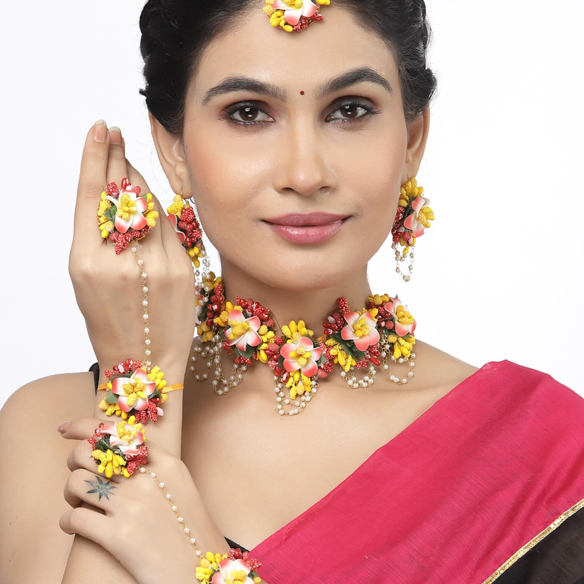 ZENEME White Pearl Beaded Gota Patti Floral Beaded Haldi & Mehendi Necklace With Earrings, Maang Tikka & Bracelet Jewellery Set For Girls and Women (Multicolour)