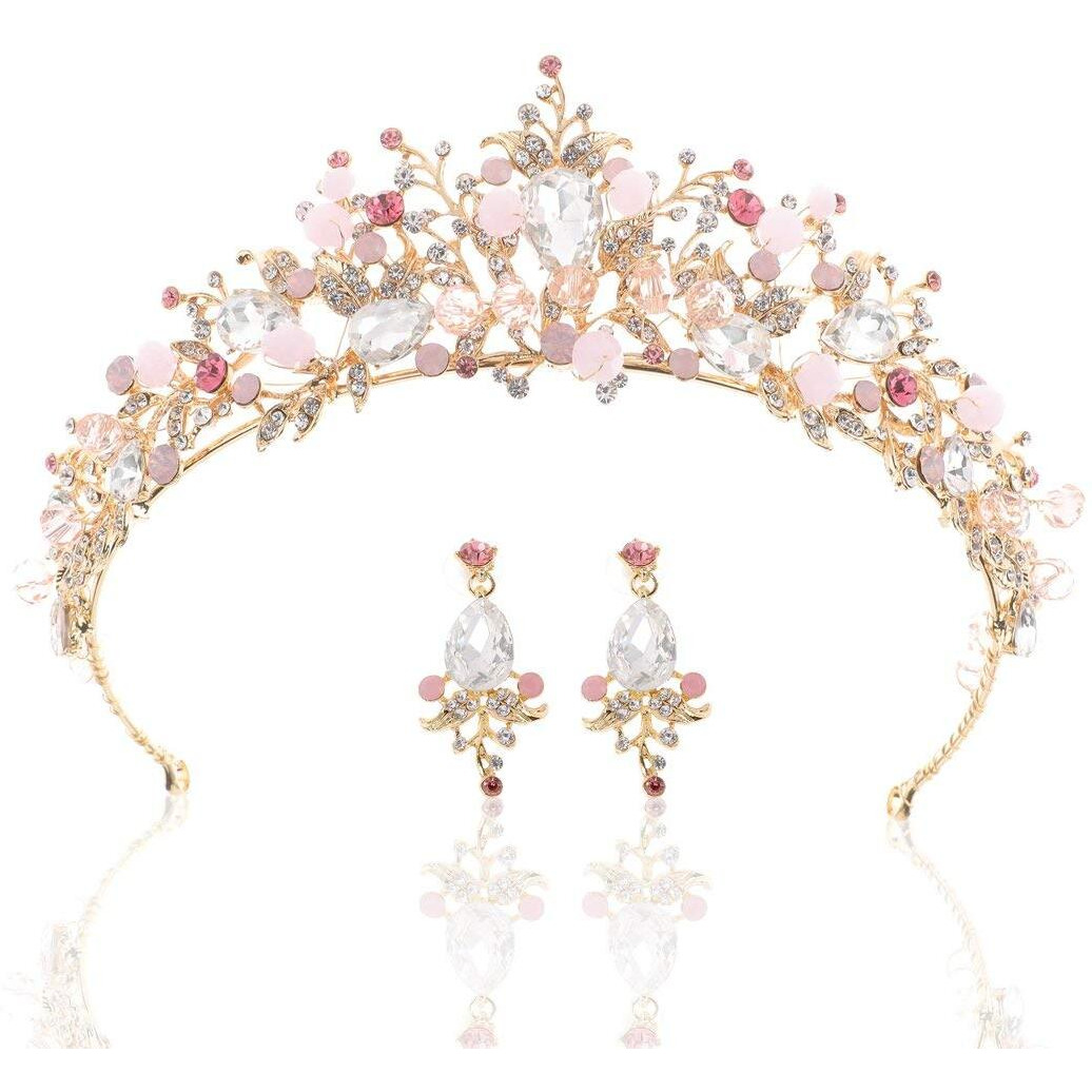 Yellow Chimes Tiara for Women and Girls Gold Plated Crown With Earrings for Women Multicolor Crystal Studded Bridal Wedding Crown Tiaras for Women Birthday Gifts For Women Valentine Gift for Girls