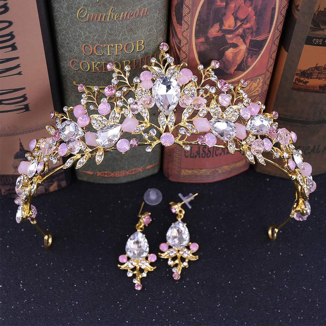 Yellow Chimes Tiara for Women and Girls Gold Plated Crown With Earrings for Women Multicolor Crystal Studded Bridal Wedding Crown Tiaras for Women Birthday Gifts For Women Valentine Gift for Girls